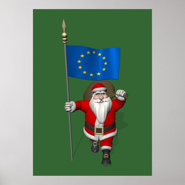 Santa Claus With Ensign Of European Union Poster (Front)
