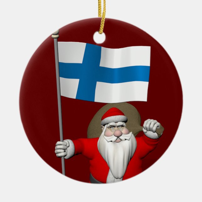 Santa Claus With Ensign Of Finland Suomi Ceramic Tree Decoration (Front)