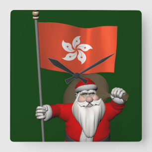 Santa Claus With Ensign Of Hong Kong Square Wall Clock