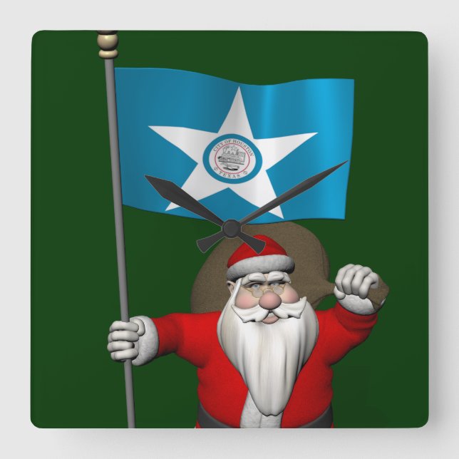 Santa Claus With Ensign Of  Houston Square Wall Clock (Front)