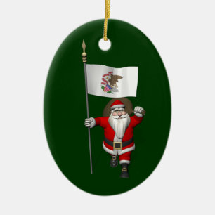 Santa Claus With Ensign Of Illinois Ceramic Tree Decoration