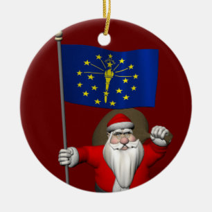 Santa Claus With Ensign Of Indiana Ceramic Tree Decoration