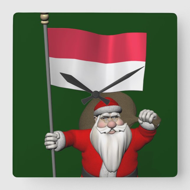 Santa Claus With Ensign Of Indonesia Square Wall Clock (Front)