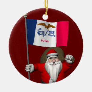 Santa Claus With Ensign Of Iowa Ceramic Tree Decoration