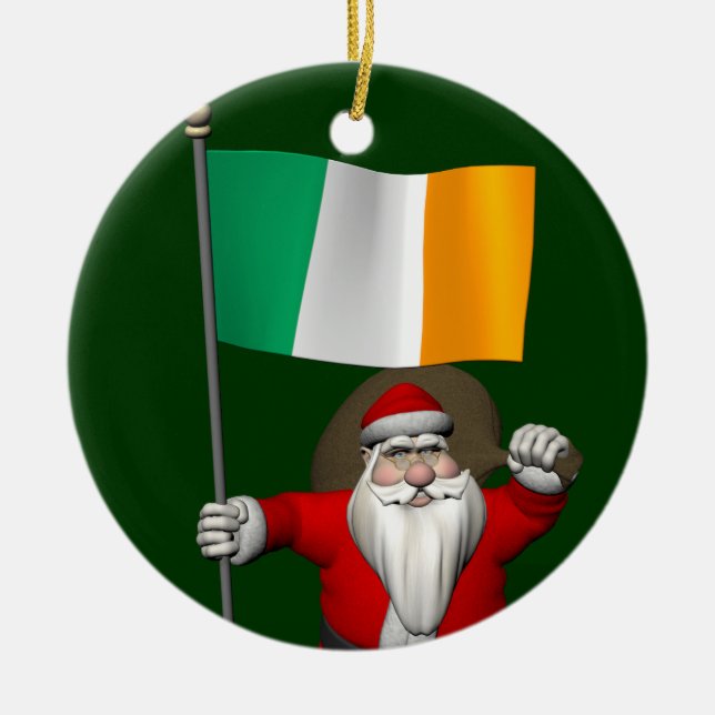 Santa Claus With Ensign Of Ireland Ceramic Tree Decoration (Front)