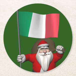 Santa Claus With Ensign Of Italy Round Paper Coaster