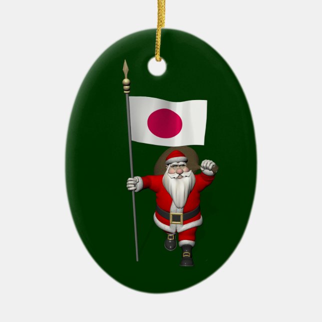 Santa Claus With Ensign Of Japan Ceramic Tree Decoration (Front)
