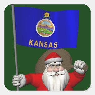 Santa Claus With Ensign Of Kansas Square Sticker