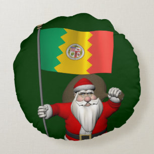 Santa Claus With Ensign Of Los Angeles Round Cushion