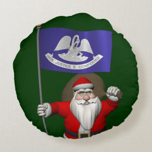Santa Claus With Ensign Of  Louisiana Round Cushion