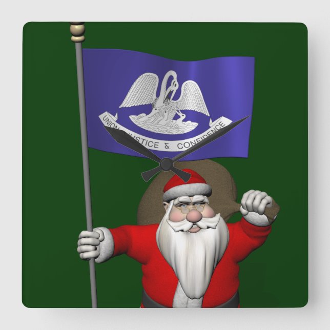 Santa Claus With Ensign Of  Louisiana Square Wall Clock (Front)