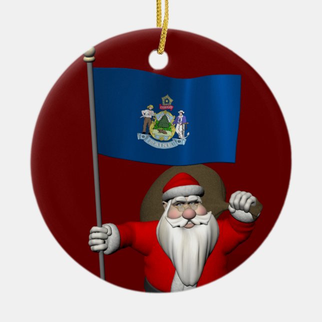 Santa Claus With Ensign Of Maine Ceramic Tree Decoration (Front)