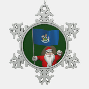 Santa Claus With Ensign Of Maine Snowflake Pewter Christmas Ornament