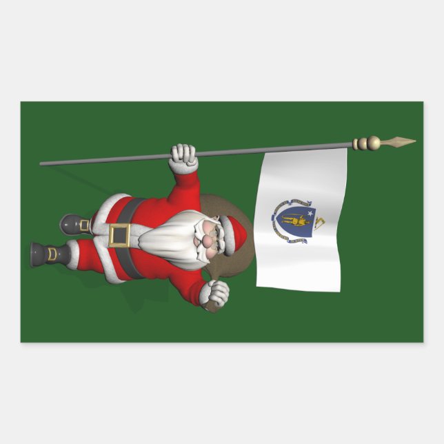 Santa Claus With Ensign Of Massachusetts Rectangular Sticker (Front)