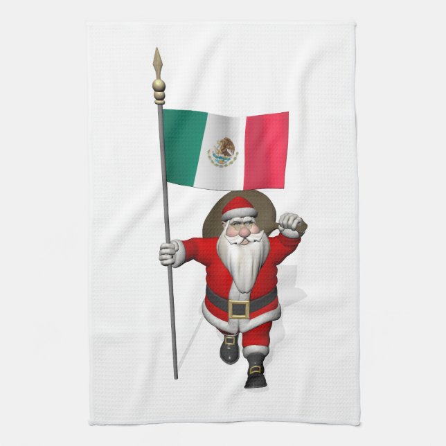 Santa Claus With Ensign Of Mexico Tea Towel (Vertical)