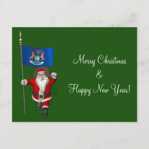 Santa Claus With Ensign Of Michigan Holiday Postcard