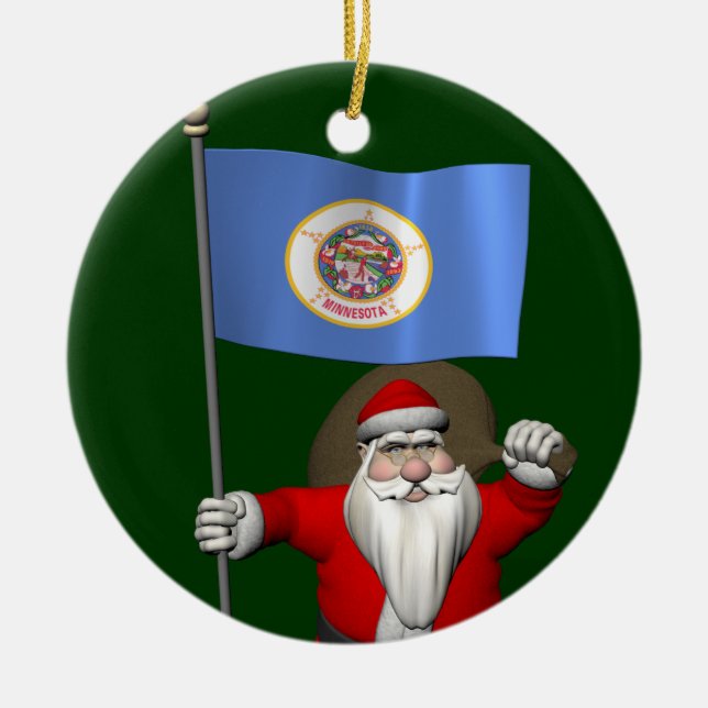 Santa Claus With Ensign Of Minnesota Ceramic Tree Decoration (Front)