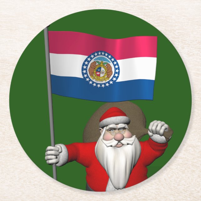 Santa Claus With Ensign Of Missouri Round Paper Coaster (Front)