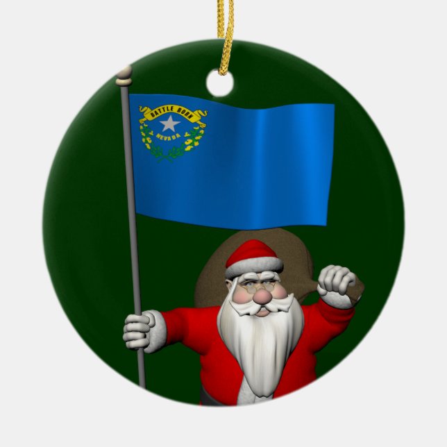 Santa Claus With Ensign Of Nevada Ceramic Tree Decoration (Front)