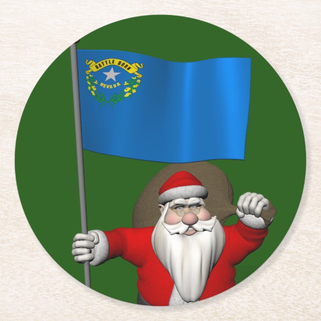 Santa Claus With Ensign Of Nevada Round Paper Coaster (Front)