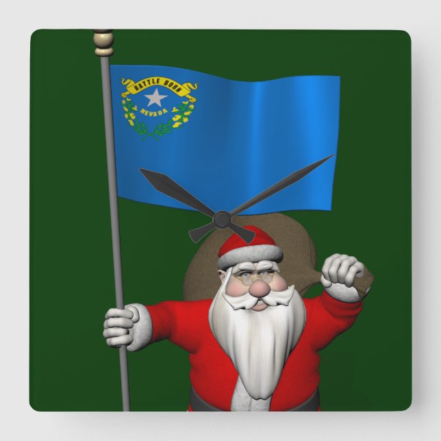 Santa Claus With Ensign Of Nevada Square Wall Clock (Front)
