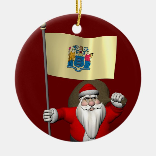 Santa Claus With Ensign Of New Jersey Ceramic Tree Decoration (Front)