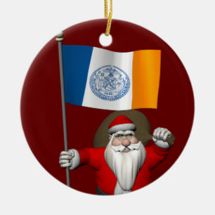 Santa Claus With Ensign Of New York City NY Ceramic Tree Decoration