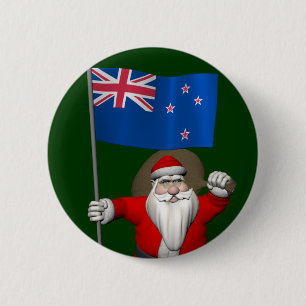 Santa Claus With Ensign Of New Zealand 6 Cm Round Badge