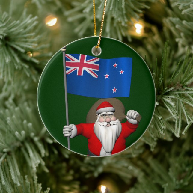 Santa Claus With Ensign Of New Zealand Ceramic Tree Decoration (Tree)
