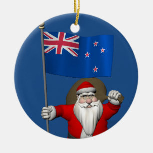 Santa Claus With Ensign Of New Zealand Ceramic Tree Decoration