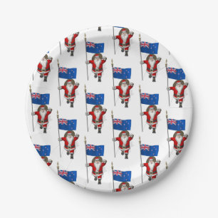 Santa Claus With Ensign Of New Zealand Paper Plate