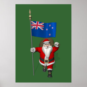 Santa Claus With Ensign Of New Zealand Poster