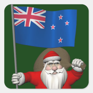 Santa Claus With Ensign Of New Zealand Square Sticker