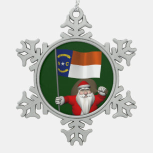 Santa Claus With Ensign Of North Carolina Snowflake Pewter Christmas Ornament