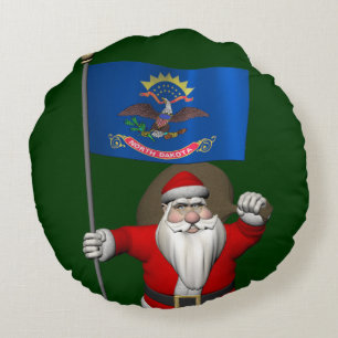 Santa Claus With Ensign Of North Dakota Round Cushion