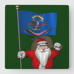 Santa Claus With Ensign Of North Dakota Square Wall Clock