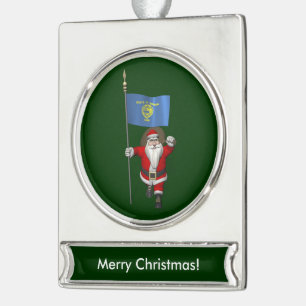 Santa Claus With Ensign Of Oregon Silver Plated Banner Ornament