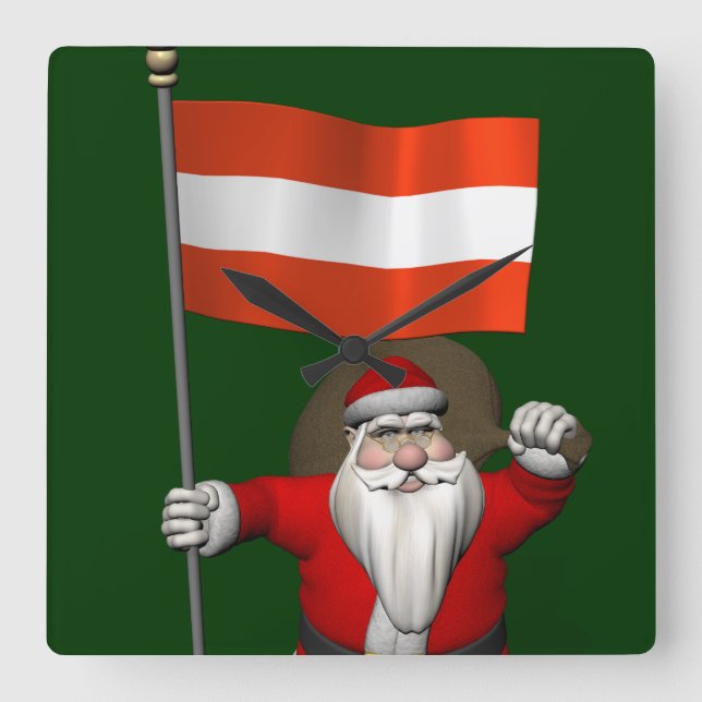 Santa Claus With Ensign Of Österreich Square Wall Clock (Front)