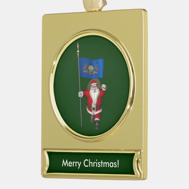 Santa Claus With Ensign Of  Pennsylvania Gold Plated Banner Ornament (Left)