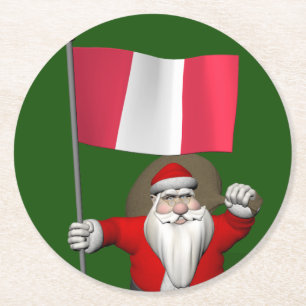 Santa Claus With Ensign Of Peru Round Paper Coaster