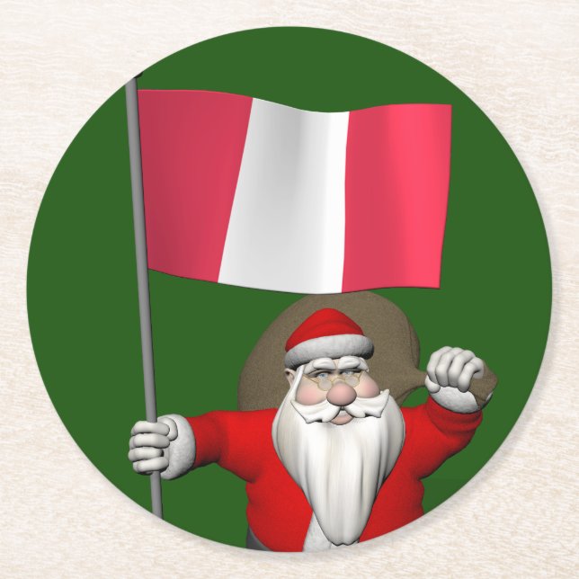 Santa Claus With Ensign Of Peru Round Paper Coaster (Front)