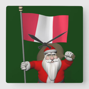 Santa Claus With Ensign Of Peru Square Wall Clock