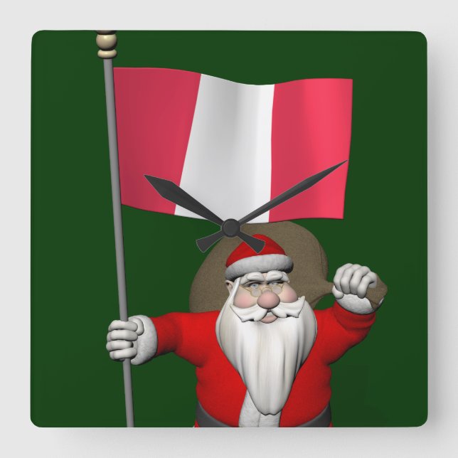 Santa Claus With Ensign Of Peru Square Wall Clock (Front)