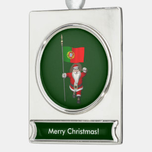 Santa Claus With Ensign Of Portugal Silver Plated Banner Ornament