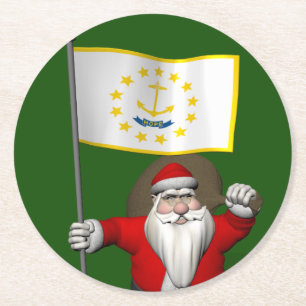 Santa Claus With Ensign Of Rhode Island Round Paper Coaster