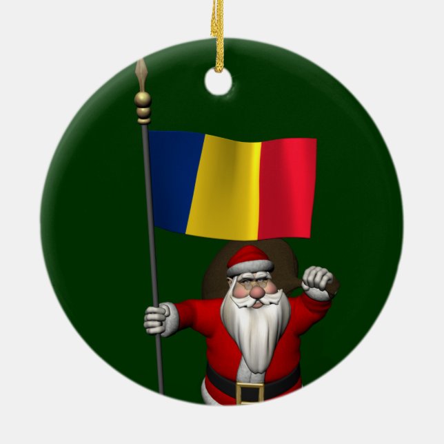 Santa Claus With Ensign Of Romania Ceramic Tree Decoration (Back)