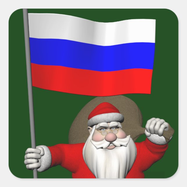 Santa Claus With Ensign Of Russia Square Sticker (Front)