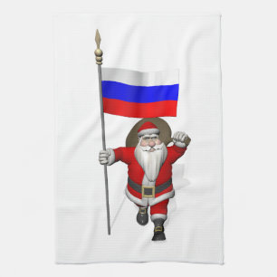 Santa Claus With Ensign Of Russia Tea Towel