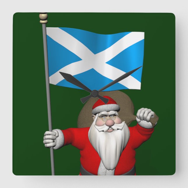 Santa Claus With Ensign Of Scotland Square Wall Clock (Front)