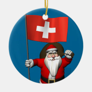 Santa Claus With Ensign Of Switzerland Ceramic Tree Decoration